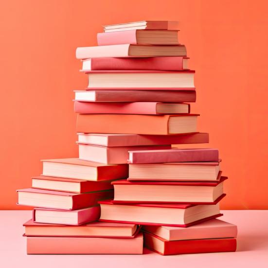 Stor stak bøger i rødlige nuancer.