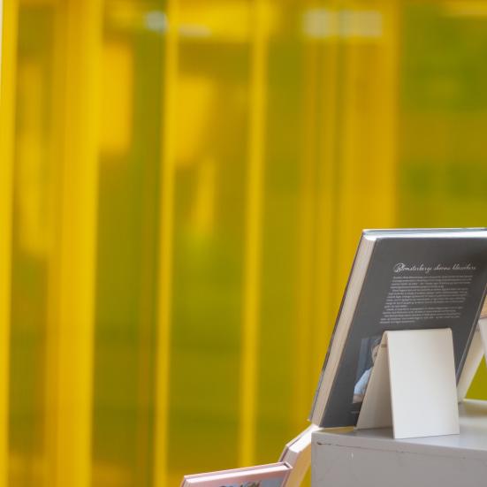 Foto af den gule indgang på Solrød Bibliotek og Kulturhus. I forgrunden ses bøger på opsatser.