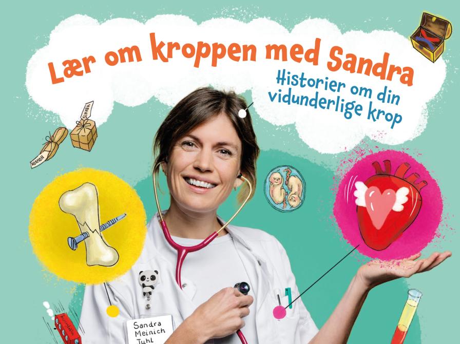 "Bamselægen" Sandra foran en grøn baggrund. Rundt om hende er forskellige tegninger af organer og organismer fra kroppen.